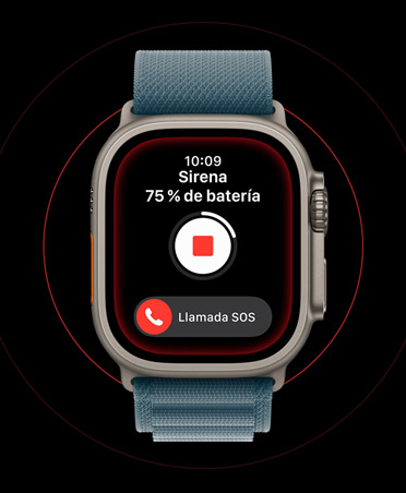 Apple Watch Ultra 3, color natural, caja de titanio, pantalla de Sirena activada, botón Detener, botón de llamada de emergencia, correa Loop Alpine azul náutico