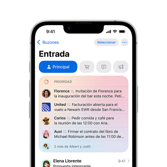 Vista parcial de la pantalla del iPhone 16e que muestra los mensajes prioritarios en Mail.