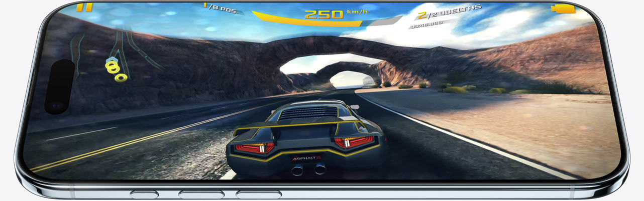 iPhone Air, parte delantera, parte lateral, imagen de un juego en la pantalla, botones: Acción, volumen