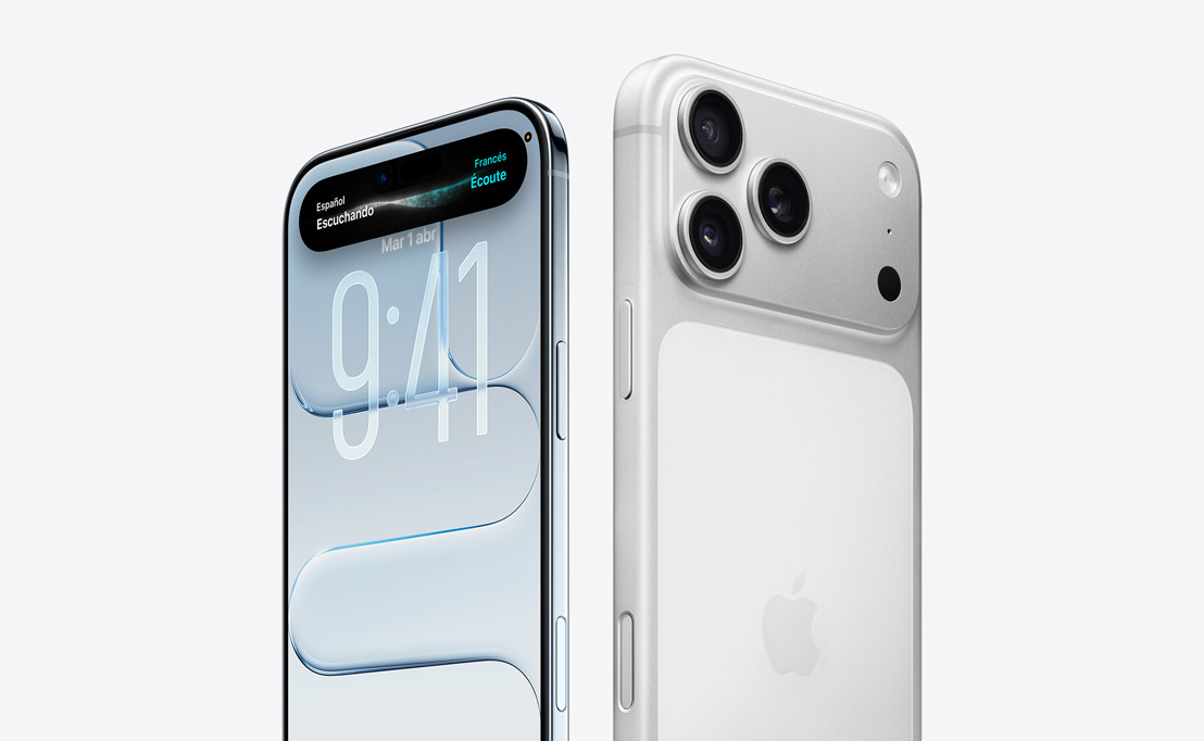 Dos iPhone 16 Pro en titanio color desierto superpuestos. Uno muestra los tres objetivos de las cámaras en la parte trasera y el otro tiene la Dynamic Island en la parte superior de la pantalla.