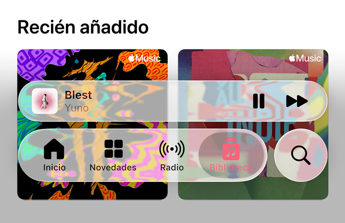 Los controles translúcidos en Apple Music refractan sobre el fondo