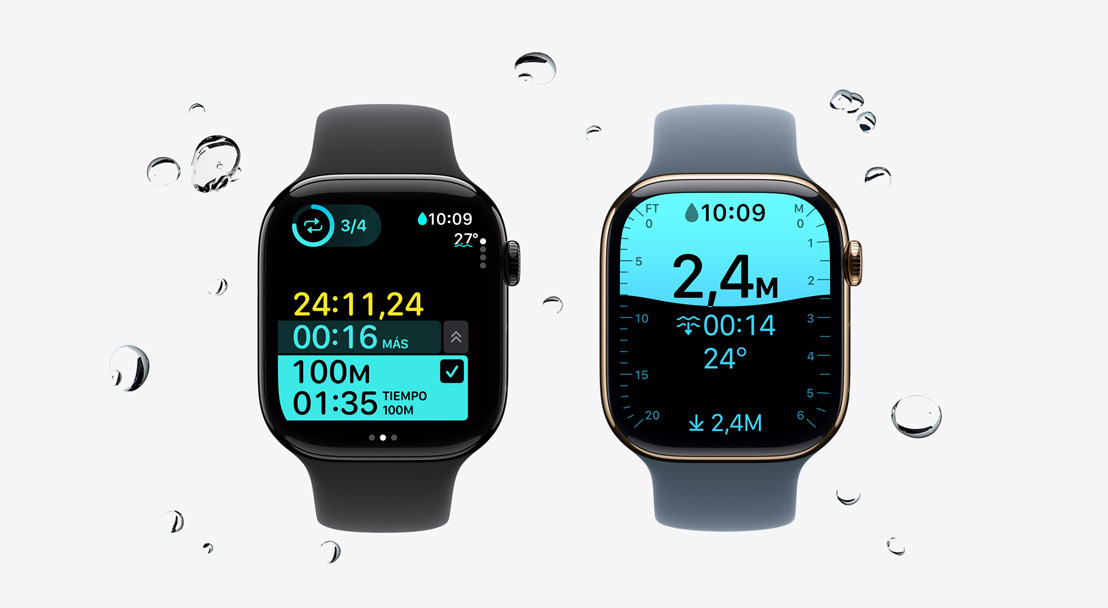 Apple Watch Series 11, caja de aluminio, color negro azabache pulido, la app Entreno registra un entrenamiento de natación, unas gotas de agua salpican el reloj, correa deportiva, color negro