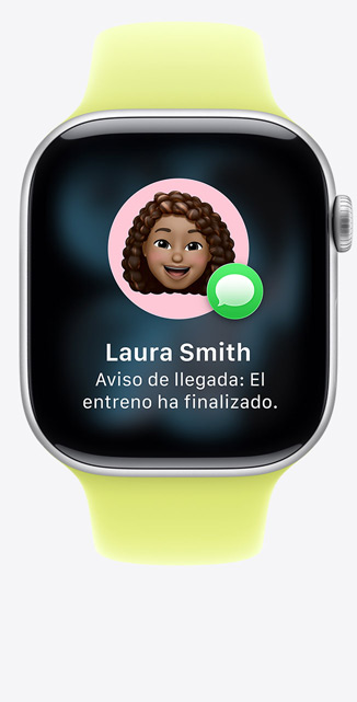 Apple Watch Series 11, caja de aluminio, color plata, sugerencia de Aviso de Llegada en iMessage, correa deportiva, color amarillo neón