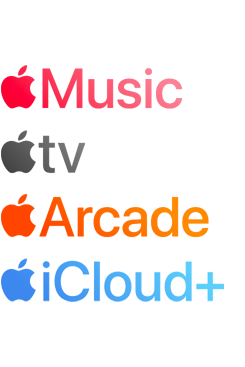 Applen tilauspalvelujen logot, muun muassa Apple Music, Apple TV, Apple Arcade ja iCloud+