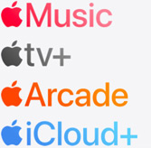 Appsymbolene til Apple Music, Apple Fitness+, Apple TV+, Apple Arcade og iCloud+.