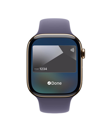 Apple Watch Series 11 med urkasse av gullfarget titan, Apple Pay, høyre side, Digital Crown, Sport Band i lilla dis