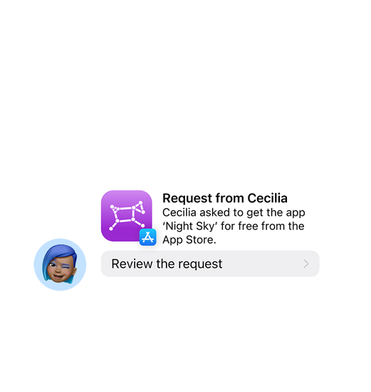 An Ask to Buy notification from Cecilia, requesting to download ‘Night Sky’ from the App Store. The user is able to review the request.
