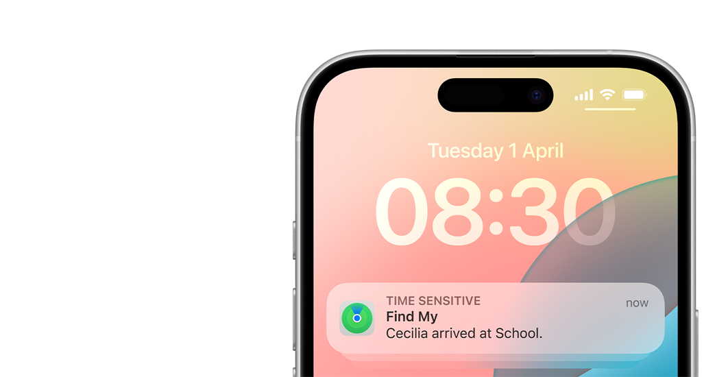 iPhone screen displaying a Find My notification: ‘Cecilia arrived at school’.
