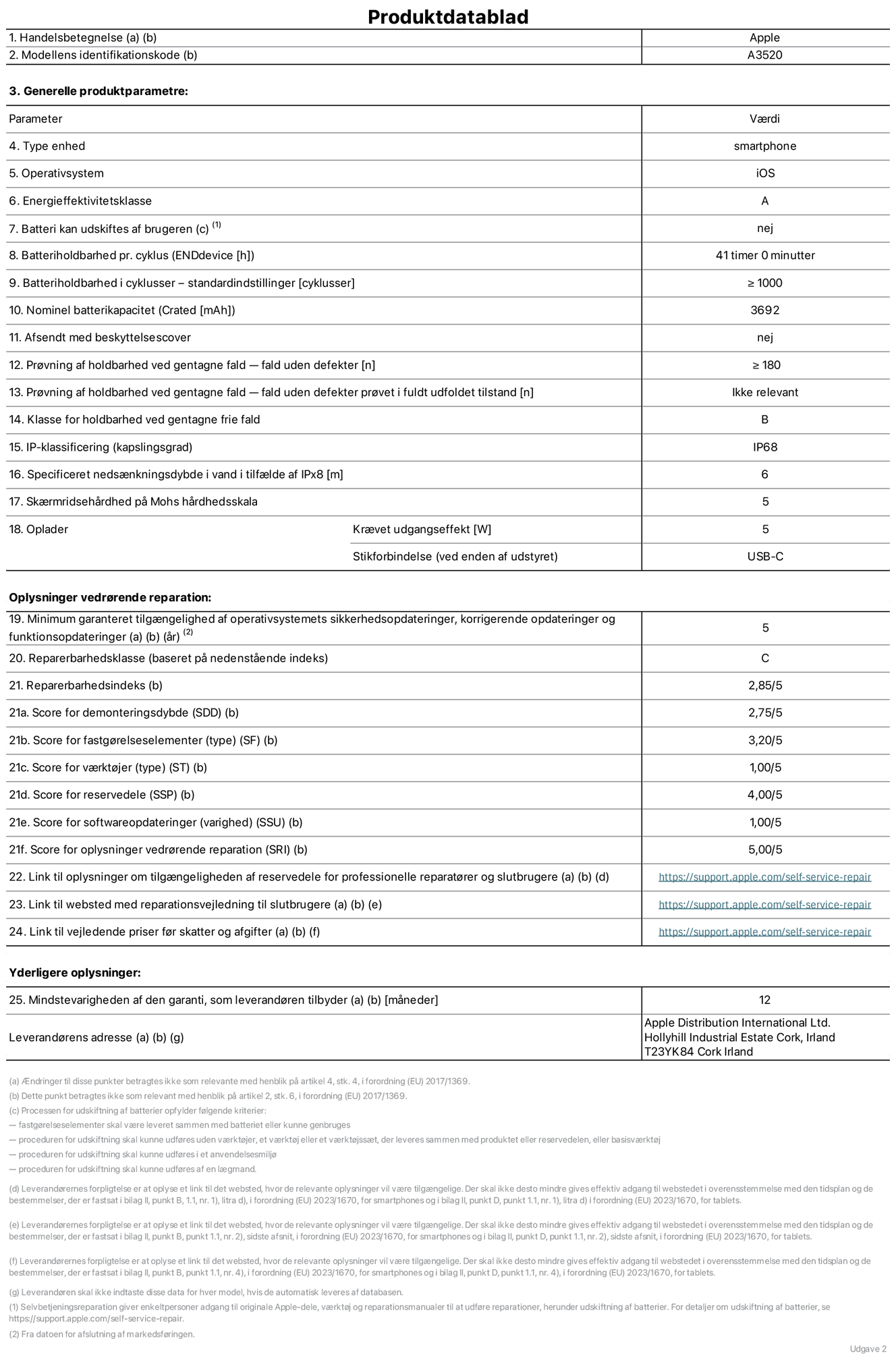 Produktdatablad til iPhone 17, model A3520. Leveret af Apple Distribution International Limited, Hollyhill Industrial Estate. Cork, Irland, T23 YK84. Enhedstype: smartphone. Styresystem: iOS. Energieffektivitetsklasse: A. Batteri kan udskiftes af brugeren: nej. Batteritid pr. cyklus: 41 timer. Batterilevetid i cyklusser – standardindstillinger: ≥ 1000. Nominel batterikapacitet: 3692 mAh. Leveres med beskyttelsescover: nej. Holdbarhedstest ved gentagne fald – fald uden defekt: ≥ 180. Holdbarhedstest ved gentagne fald – fald uden defekt testet i fuldt udfoldet tilstand: ikke relevant. Holdbarhedsklasse ved gentagne fald: B. Kapslingsklasse: IP68. Angivet nedsænkningsdybde i vand ved IPx8: 6 meter. Skærmens ridsefasthed på Mohs' hårdhedsskala: 5. Påkrævet udgangseffekt for oplader: 5 watt. Opladerstiktype (på enheden): USB-C. Garanteret minimumsperiode for tilgængelighed af sikkerhedsopdateringer, fejlrettelser og funktionsopdateringer til styresystemet: 5 år. Reparerbarhedsklasse: C. Reparationsindeks: 2,82/5. Score for demonteringsdybde (SDD): 2,75/5. Score for fastgørelseselementer: 3,20/5. Score for værktøj: 1,00/5. Score for reservedele: 4,00/5. Score for softwareopdateringer: 1,00/5. Score for reparationsoplysninger: 5,00/5. Weblink til oplysninger om tilgængeligheden af reservedele for professionelle reparatører og slutbrugere: https://support.apple.com/da-dk/self-service-repair. Weblink til vejledning i reparation for slutbrugere: https://support.apple.com/da-dk/self-service-repair. Weblink til vejledende priser før skatter og afgifter: https://support.apple.com/da-dk/self-service-repair. Produktet er omfattet af 12 måneders garanti.