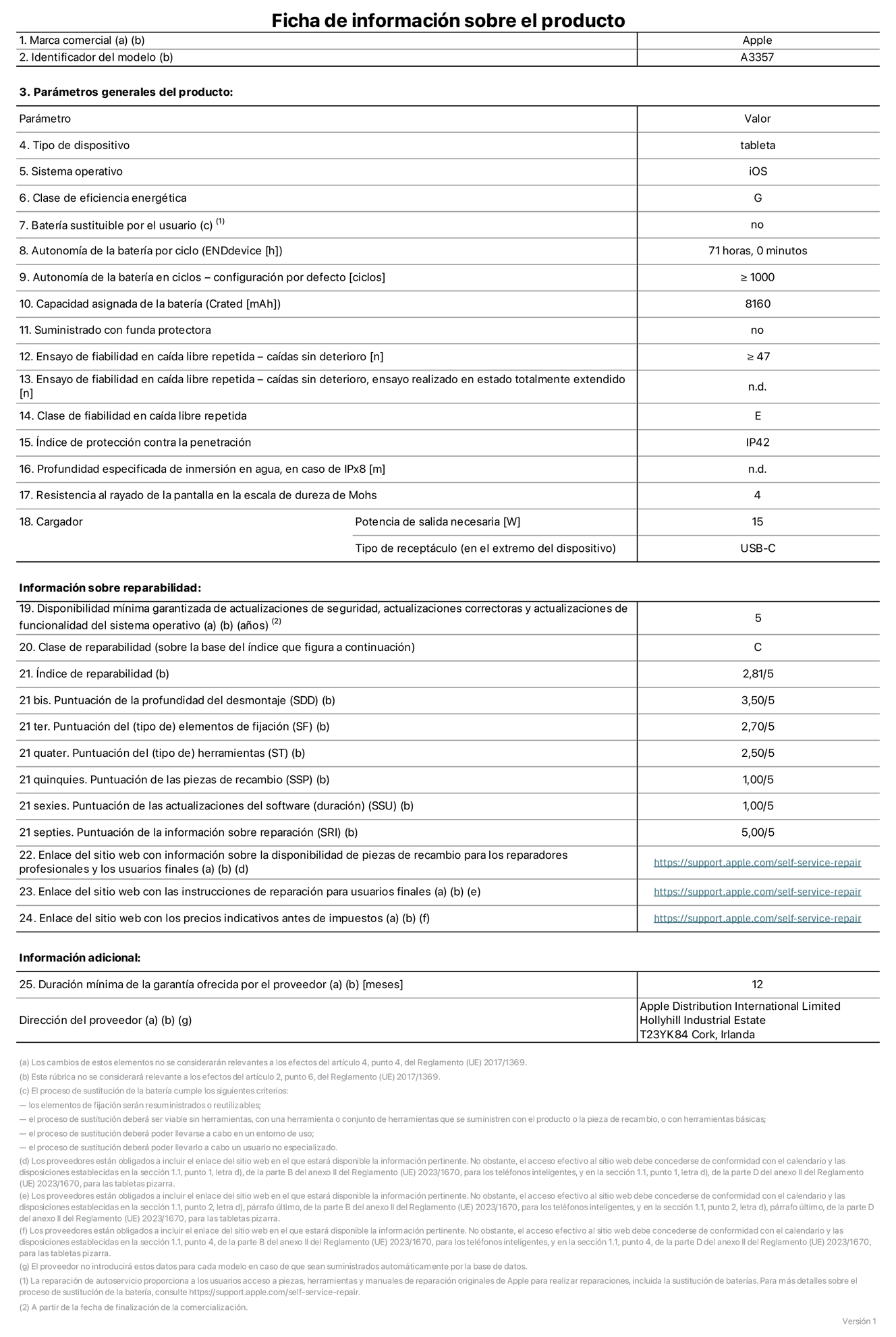 Ficha de información de producto del iPad Pro (M5, Wi‑Fi) de 11 pulgadas, modelo A3357. Suministrado por Apple Distribution International Limited con sede en Hollyhill Industrial Estate, T23 YK84 Cork (Irlanda). Tipo de dispositivo: Tablet. Sistema operativo: iOS. Clase de eficiencia energética: G. Batería sustituible por el usuario: No. Autonomía de la batería por ciclo: 71 horas. Autonomía de la batería en ciclos (configuración por defecto): ≥ 1.000. Capacidad asignada de la batería: 8.160 mAh. Suministrado con funda protectora: No. Caídas sin deterioro en ensayo de fiabilidad en caída libre repetida: ≥ 47. Caídas sin deterioro en ensayo de fiabilidad en caída libre repetida realizado en estado totalmente extendido: No aplicable. Clase de fiabilidad en caída libre repetida: E. Índice de protección contra la penetración: IP42. Profundidad especificada de inmersión en agua, en caso de iPx8: No aplicable. Resistencia al rayado de la pantalla en la escala de dureza de Mohs: 4. Potencia de salida necesaria del cargador: 15 W. Tipo de receptáculo del cargador (en el extremo del dispositivo): USB‑C. Disponibilidad mínima garantizada de actualizaciones de seguridad, correctoras y de funcionalidad del sistema operativo: 5 años. Clase de reparabilidad: C. Índice de reparabilidad: 2,81/5. Puntuación de la profundidad del desmontaje (SDD): 3,50/5. Puntuación de los elementos de fijación: 2,70/5. Puntuación de las herramientas: 2,50/5. Puntuación de las piezas de recambio: 1,00/5. Puntuación de las actualizaciones de software: 1/5. Puntuación de la información sobre reparación: 5/5. Enlace del sitio web con información sobre la disponibilidad de piezas de recambio para reparadores profesionales y usuarios finales: https://support.apple.com/self-service-repair. Enlace del sitio web con las instrucciones de reparación para usuarios finales: https://support.apple.com/self-service-repair. Enlace del sitio web con los precios indicativos antes de impuestos: https://support.apple.com/self-service-repair. Se ofrece una garantía general de 12 meses.