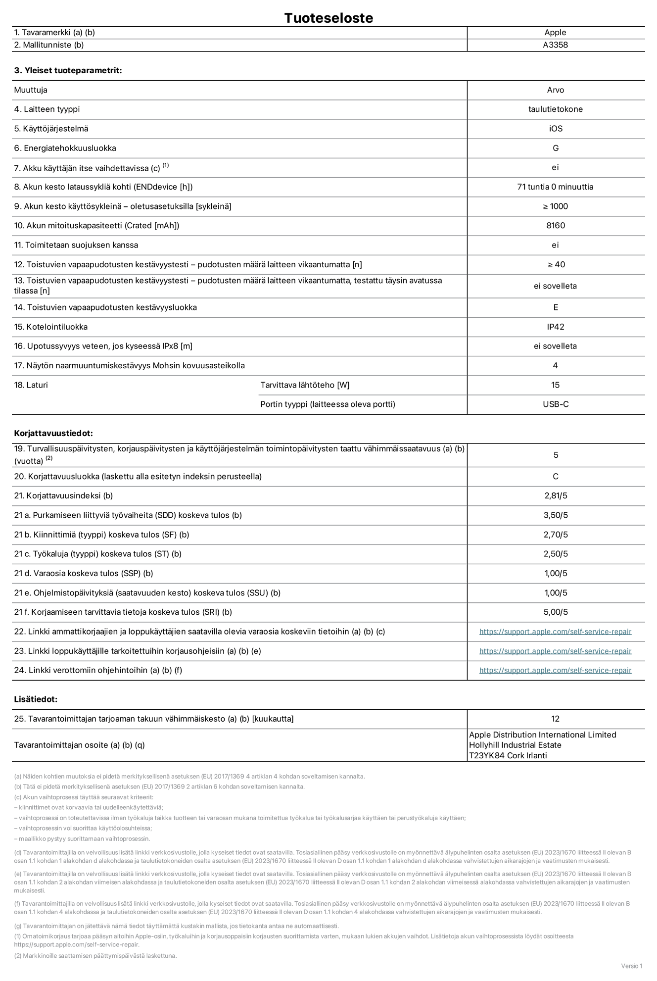 11 tuuman iPad Pron (M5) (Wi-Fi + Cellular) tuotetiedot, malli A3358. Toimittaja: Apple Distribution International Limited, Hollyhill Industrial Estate. Cork, Irlanti T23 YK84. Laitteen tyyppi: tabletti. Käyttöjärjestelmä: iOS. Energiatehokkuusluokka: G. Akku käyttäjän itse vaihdettavissa: ei. Akun kesto lataussykliä kohti: 71 tuntia. Akun kesto käyttösykleinä – oletusasetuksilla: Vähintään 1 000. Akun mitoituskapasiteetti: 8 160 mAh. Toimitetaan suojuksen kanssa: ei. Toistuvien vapaapudotusten kestävyystesti – pudotusten määrä laitteen vikaantumatta: ≥ 40. Toistuvien vapaapudotusten kestävyystesti – pudotusten määrä laitteen vikaantumatta, testattu täysin avatussa tilassa: ei sovelleta. Toistuvien vapaapudotusten kestävyysluokka: E. Kotelointiluokka: IP42. Upotussyvyys veteen, jos kyseessä IPx8: ei saatavilla. Näytön naarmuuntumiskestävyys Mohsin kovuusasteikolla: 4. Laturin tarvittava lähtöteho: 15 W. Laturin portin tyyppi (laitteessa): USB-C. Turvallisuuspäivitysten, korjauspäivitysten ja käyttöjärjestelmän toimintopäivitysten taattu vähimmäissaatavuus: 5 vuotta. Korjattavuusluokka: C. Korjattavuusindeksi: 2,81/5. Purkamiseen liittyviä työvaiheita (SDD) koskeva tulos: 3,50/5. Kiinnittimiä koskeva tulos: 2,70/5. Työkaluja koskeva tulos: 2,50/5. Varaosia koskeva tulos: 1,00/5. Ohjelmistopäivityksiä koskeva tulos: 1,00/5. Korjaamiseen tarvittavia tietoja koskeva tulos: 5,00/5. Linkki ammattikorjaajien ja loppukäyttäjien saatavilla olevia varaosia koskeviin tietoihin: https://support.apple.com/self-service-repair. Linkki loppukäyttäjille tarkoitettuihin korjausohjeisiin: https://support.apple.com/self-service-repair. Linkki verottomiin ohjehintoihin: https://support.apple.com/self-service-repair. Yleistakuun kesto 12 kuukautta.