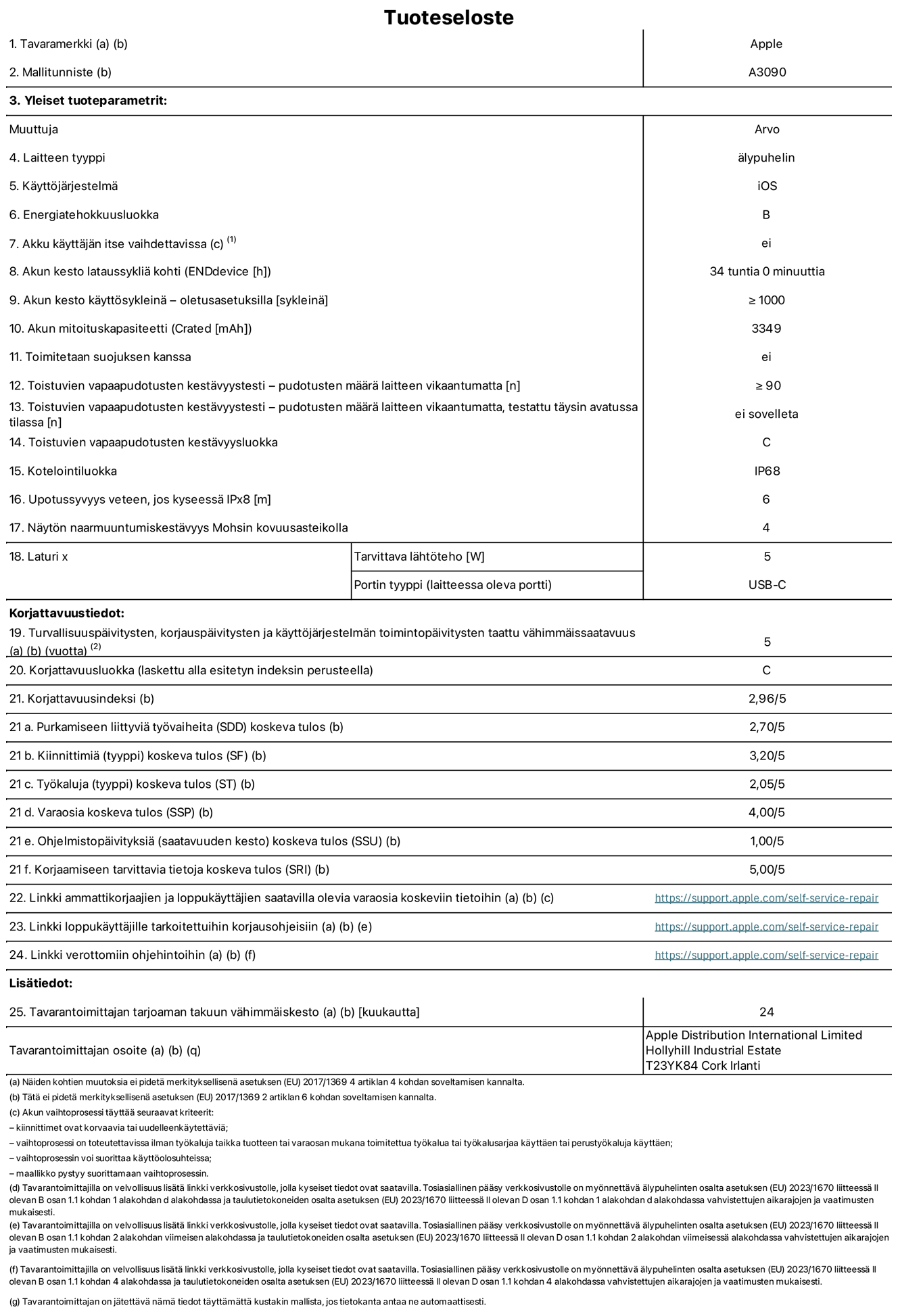 iPhone 15:n tuotetiedot, malli A3090. Toimittaja: Apple Distribution International Limited, Hollyhill Industrial Estate. Cork, Irlanti T23 YK84. Laitteen tyyppi: älypuhelin. Käyttöjärjestelmä: iOS. Energiatehokkuusluokka: B. Akku käyttäjän itse vaihdettavissa: ei. Akun kesto lataussykliä kohti: 34 tuntia. Akun kesto käyttösykleinä – oletusasetuksilla: ≥ 1 000. Akun mitoituskapasiteetti: 3 349 mAh. Toimitetaan suojuksen kanssa: ei. Toistuvien vapaapudotusten kestävyystesti – pudotusten määrä laitteen vikaantumatta: ≥ 90. Toistuvien vapaapudotusten kestävyystesti – pudotusten määrä laitteen vikaantumatta, testattu täysin avatussa tilassa: ei sovelleta. Toistuvien vapaapudotusten kestävyysluokka: C. Kotelointiluokka: IP68. Upotussyvyys veteen, jos kyseessä IPx8: 6 metriä. Näytön naarmuuntumiskestävyys Mohsin kovuusasteikolla: 4. Laturin tarvittava lähtöteho: 5 W. Laturin portin tyyppi (laitteessa): USB-C. Turvallisuuspäivitysten, korjauspäivitysten ja käyttöjärjestelmän toimintopäivitysten taattu vähimmäissaatavuus: 5 vuotta. Korjattavuusluokka: C. Korjattavuusindeksi: 2,96/5. Purkamiseen liittyviä työvaiheita (SDD) koskeva tulos: 2,70/5. Kiinnittimiä koskeva tulos: 3,20/5. Työkaluja koskeva tulos: 2,05/5. Varaosia koskeva tulos: 4,00/5. Ohjelmistopäivityksiä koskeva tulos: 1,00/5. Korjaamiseen tarvittavia tietoja koskeva tulos: 5,00/5. Linkki ammattikorjaajien ja loppukäyttäjien saatavilla olevia varaosia koskeviin tietoihin: https://support.apple.com/self-service-repair. Linkki loppukäyttäjille tarkoitettuihin korjausohjeisiin: https://support.apple.com/self-service-repair. Linkki verottomiin ohjehintoihin: https://support.apple.com/self-service-repair. Yleistakuun kesto 24 kuukautta. 