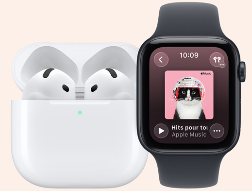 Des AirPods posés à côté d’une Apple Watch.