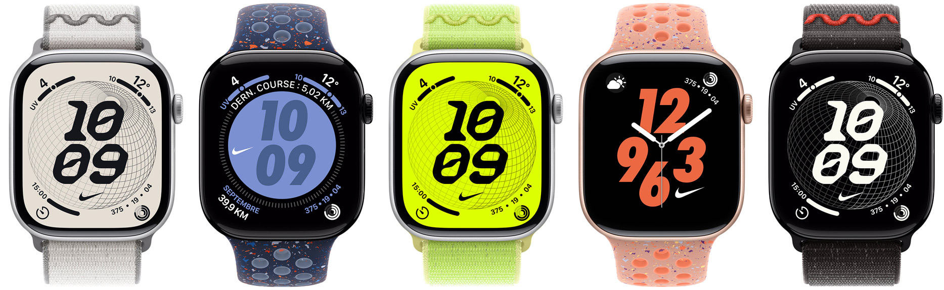 Plusieurs Apple Watch, bracelets Nike : Boucle Sport Nike Gris voilé, Bracelet Sport Nike Blue Ribbon, Boucle Sport Nike Volt Splash, Bracelet Sport Nike Rose Alpenglow, Bracelet Sport Nike Noir nuit, cadrans Nike : Globe, Hybride, Rebond, Numérique