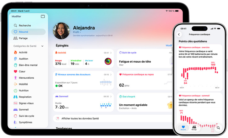 App Santé sur l’iPad et l’iPhone, résumé de santé et favoris épinglés sur l’iPad, récapitulatif des points clés liés à la fréquence cardiaque sur un iPhone