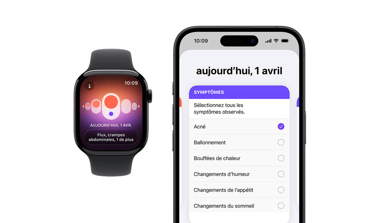 Apple Watch Series 11, boîtier en titane, couleur or, app Suivi de cycle, sélecteur des symptômes quotidiens ouvert sur un iPhone jumelé à l’Apple Watch