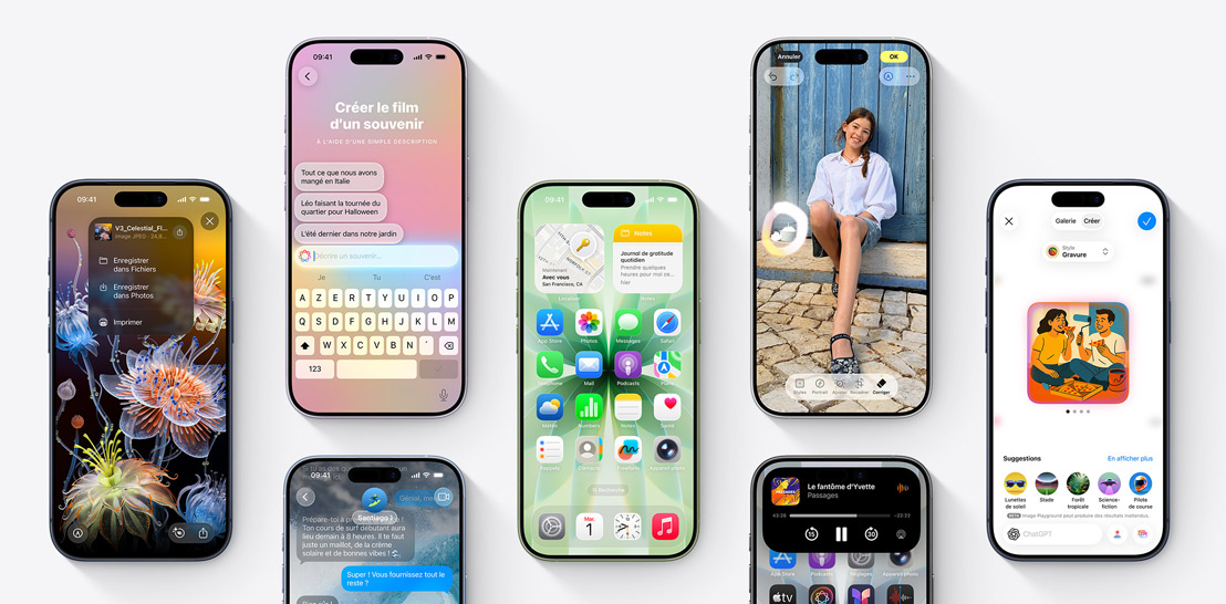 Plusieurs iPhone 17 et iPhone 17 Pro affichant différentes fonctionnalités d’iOS 26 et d’Apple Intelligence