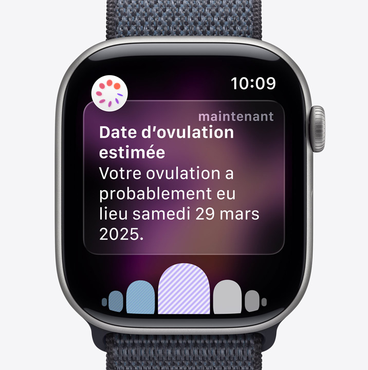 Apple Watch Series 11, couleur gris sidéral, boîtier en aluminium, notification de date d’estimation d’ovulation provenant de Suivi de cycle dans l’app Santé, Digital Crown, Boucle Sport, gris foncé
