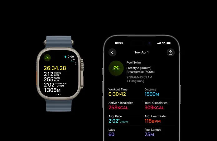 Apple Watch Ultra 3，採用原色鈦金屬錶殼，配以錨鐵藍色海洋錶帶；螢幕顯示進行中的游泳體能訓練，較大的體能訓練指標細項畫面在 iPhone 上顯示