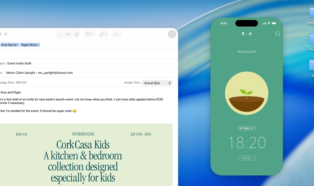 MacBook Pro, Mail app open, iPhone screen mirrored on MacBook Pro screen shows Forest