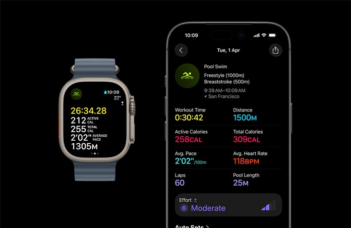 Apple Watch Ultra 3, prirodna boja, kućište od titanija, remen Ocean, boja plavičasto siva, aktivni trening Plivanja, veća analiza mjerenja treninga na iPhoneu