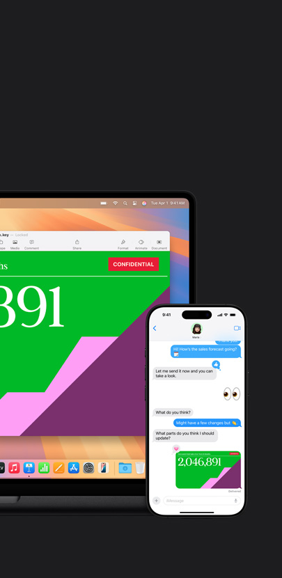 Mac yang menampilkan presentasi. Di depan Mac terdapat iPhone dengan komunikasi teks dan presentasi yang dibagikan.