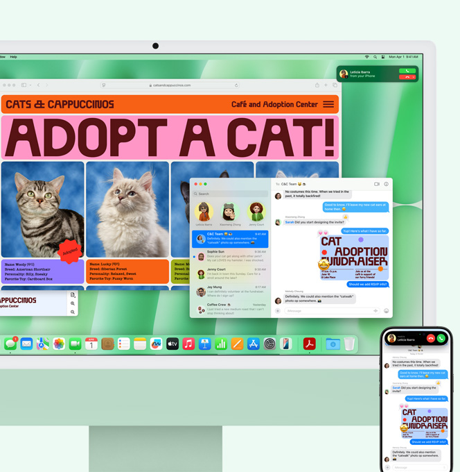 iMac hijau dan iPhone diletakkan berdampingan. Layar iMac menampilkan pemberitahuan panggilan telepon yang masuk di iPhone. Kedua perangkat menampilkan aplikasi Pesan berisi percakapan teks yang sama