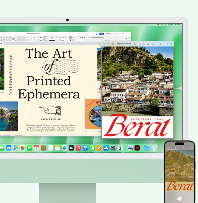 iMac hijau dan iPhone diletakkan berdampingan. Dokumen yang dipindai di iPhone muncul di layar iMac