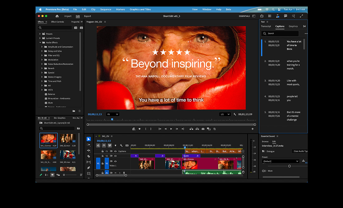 Macbook Pro screen showing the editing of a film titled Eternal Play in Adobe Premiere Pro