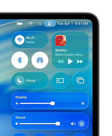 Sisi kanan layar Mac menampilkan kontrol kustom Liquid Glass, seperti Wi-Fi dan Bluetooth, di Pusat Kontrol