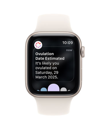 Apple Watch SE 3, aluminium case, starlight colour, ovulation date estimation notification from Cycle Tracking in Health app, Digital Crown, Sport Band, starlight colour