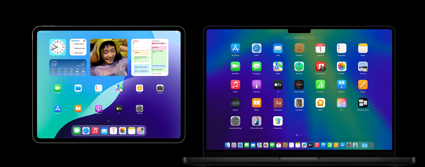 An iPad and a Mac displaying various app icons. The iPad shows several widgets, including Calendar, Weather and Photos.