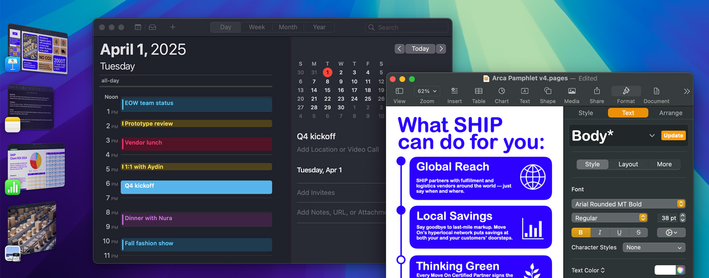 Multiple iOS apps displayed on a screen using Stage Manager, with open Calendar and Pages windows displayed on the left.