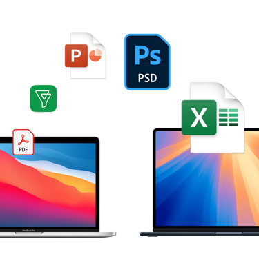 Front view of two side-by-side MacBooks with different colourful desktop backgrounds. File icons are displayed in an arc above the MacBooks. File icons include Acrobat file, Quickbooks file, PowerPoint file, Photoshop file, Excel file.