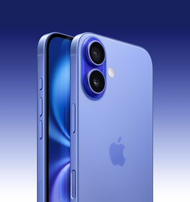 iPhone 16 in Ultramarine finish, partial-screen display and side angle shows — Action, volume and side button. Back exterior shows advanced dual-camera system in top-left corner.
