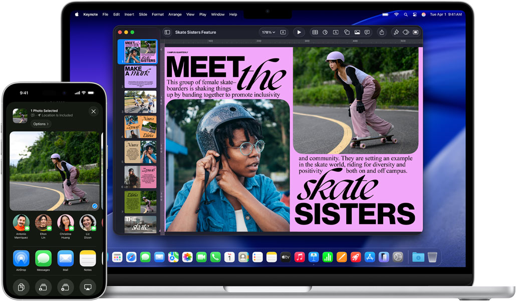 iPhone 16 Plus with Photo app open, 13-inch MacBook Air with a Keynote slide open, same photo from iPhone visible on slide