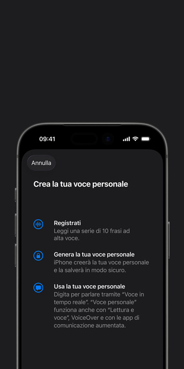 Schermata di un iPhone 17 Pro con la funzione Voce personale e le istruzioni per impostarla