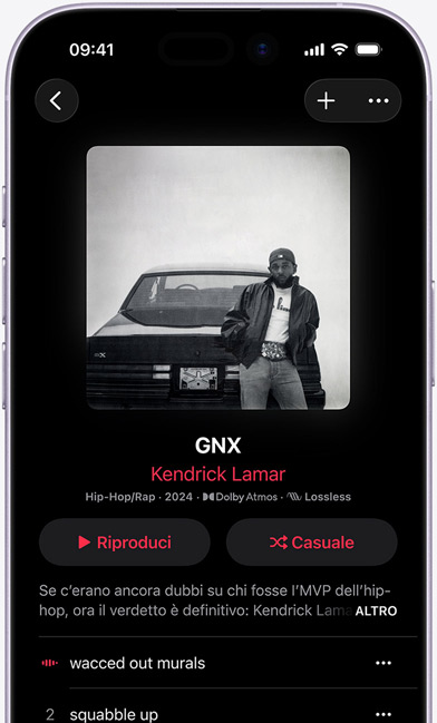 Display di un iPhone che mostra l’album “GNX” di Kendrick Lamar su Apple Music