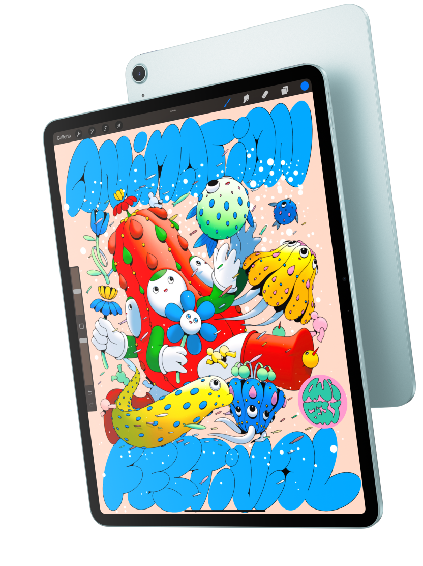 Un iPad Air 13 pollici visto di fronte che mostra l’app Procreate ed è sovrapposto a un iPad Air blu visto da dietro