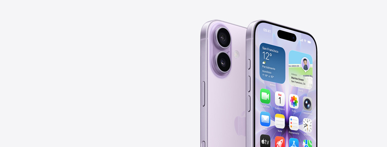 Due iPhone 17 lavanda, uno mostrato di fronte con una parte della schermata Home in evidenza, tasto Azione e i tasti del volume sul lato, e uno mostrato da dietro con il sistema a doppia fotocamera Fusion in alto a sinistra e il tasto del Controllo fotocamera
