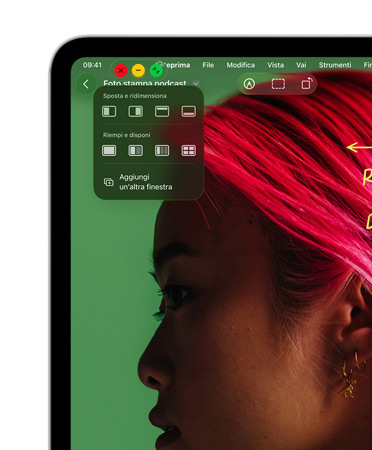 I controlli di una finestra, con i pulsanti rosso per chiuderla, giallo per contrarla e verde per ingrandirla, oltre a opzioni per spostare, ridimensionare e disporre le finestre