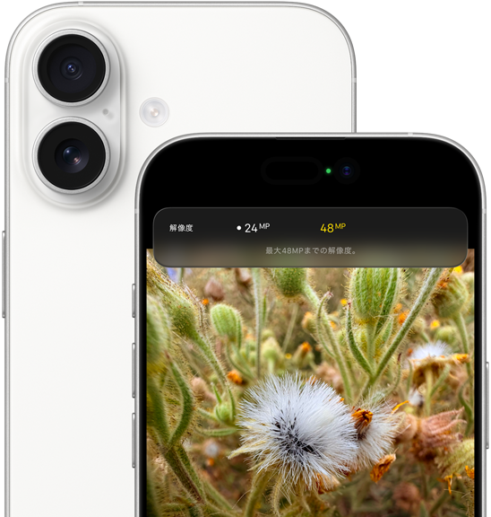 ホワイトのiPhone 17の背面の外観。丸みを帯びた両隅、左上の隅にDual Fusionカメラシステム。iPhone 17の前面の外観。Dynamic Island、丸みを帯びた両隅