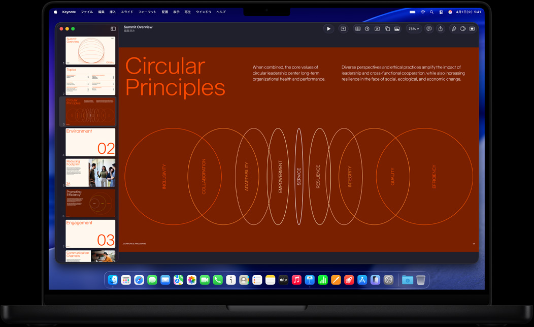 Keynoteでビジネスサミット用のプレゼンを作成する様子を示すMacBook Proの画面