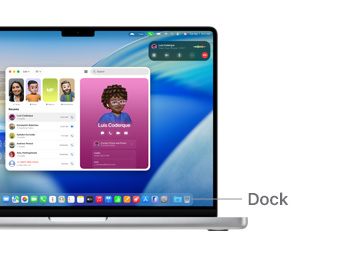 Dock의 위치를 나타내는 선이 표시된 MacBook Pro 14의 macOS 탐색 가이드.
