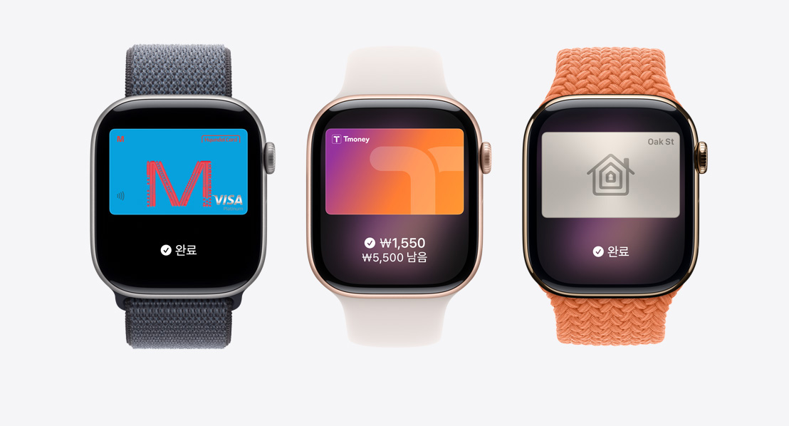 Apple Pay 화면에 Apple 지갑, 교통카드, 홈 키가 표시된 실버, 로즈 골드, 골드 색상의 알루미늄 및 티타늄 케이스의 Apple Watch Series 11,  그리고 앵커 블루 색상 스포츠 루프, 라이트 블러시 색상 스포츠 밴드, 터머릭 색상 브레이드 솔로 루프
