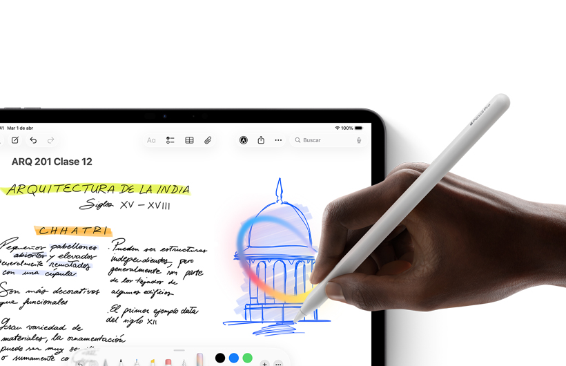 Una mano sostiene un Apple Pencil y dibuja un círculo alrededor de un boceto en la app Notas de un iPad.