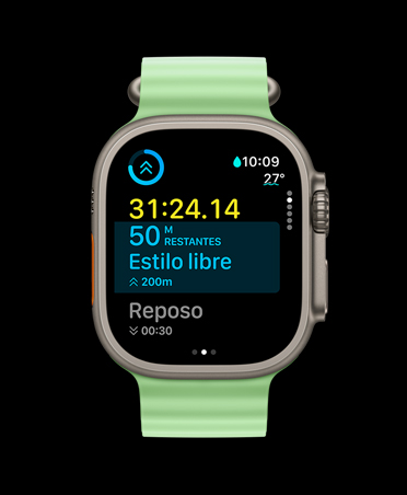 Apple Watch Ultra 3, color natural, caja de titanio, app Entrenamiento, datos de un entrenamiento personalizado, vista A Continuación, correa Ocean verde neón