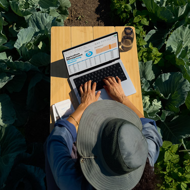 Vista panorámica de una mujer con un sombrero de ala ancha que está trabajando en una presentación de negocios en una MacBook, sentada en una mesa en un jardín.