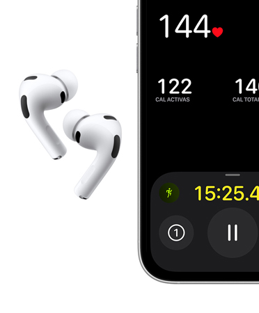 AirPods Pro 3, blancos, audífonos, almohadillas de silicón, micrófono, iPhone, entrenamiento Carrera al Aire Libre en pantalla