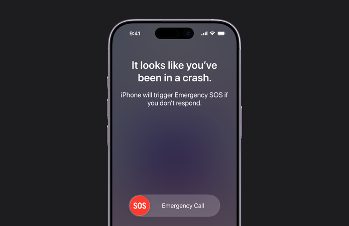 iPhone 17, front exterior, rounded corners, crash detection feature in use